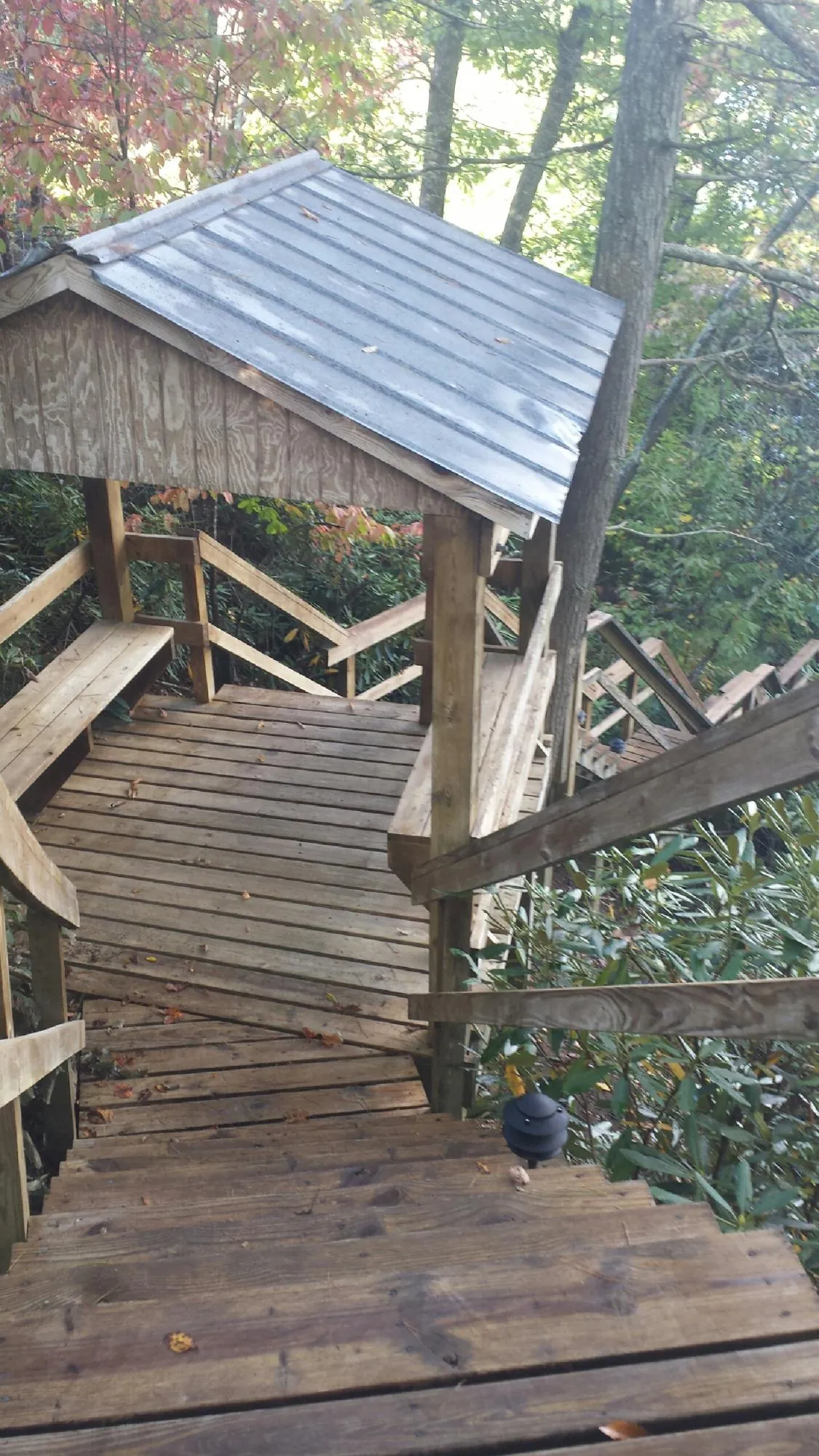 Metal roofed shelter over wooden steps on a wooded walkway — Skylight Repair & Installation work by our crew in Craigmont